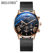 BELUSHI Top Brand Watch Luxury Sports Chronograph Quartz Wrist Watch Male Steel Mesh Waterproof Date Business Watches