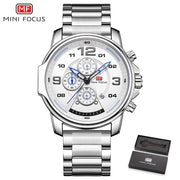 MINI FOCUS Fashion Men Watches Luxury Brand Business Silver Stainless Steel Men&#39;s Quartz Watch Chronograph Sport Wristwatch Mens