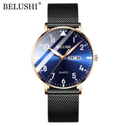 BELUSHI Men Watches Ultra-thin Waterproof Steel Mesh Quartz Watch Men Business Clock Date Calendar Wrist Watch Relogio Masculino