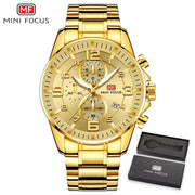 MINI FOCUS Golden Quartz Luminous Watch Fashion Sport Stainless Steel Watches 3ATM Waterproof Wristwatch Chronograph Watches