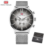 MINI FOCUS Luxury Men Watches Top Brand Steel Mesh Belt Sports Fashion Multi-Function Military Army Chronograph Quartz Watch