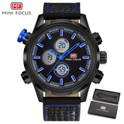 MINI FOCUS Men Watch Casual Fashion LED Quartz Analog Men&#39;s Sports Watches Genuine Leather Chronograph Male Dual Display Clock