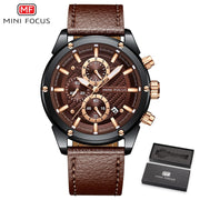 MINI FOCUS Fashion Mens Watches Top Brand Luxury Quartz For Men Waterproof Sport Chronograph Wristwatch Blue Leather Strap Clock