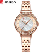 CURREN Classic Simple Stainless Steel Women Quartz Watches for Ladies Rose Dial with Rhinestone Dress Female Wristwatches