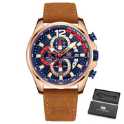 MINIFOCUS Chronograph Watch for Men Fashion Sports Quartz Watches Men&#39;s Brown Leather Strap Waterproof  3 Sub-dial 6 Hands Clock