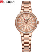 CURREN Luxury Quartz Wristwatches for Women Rhinestones Rose Dial Fashion Watches with Stainless Steel Band Casual Female Clock