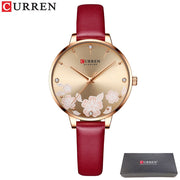 CURREN Leather Band Quartz Wristwatches Fashion Elegant Women Watches Charm Flowers Dial Dress Bracelet Watch For Ladies Female