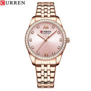 CURREN Stainless Steel Quartz Watches For Women Classic Simple with Shiny Rhinestones Dial Charming Elegant Ladies Wristwatches